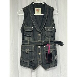 Playboy Denim Vest Y2K Women's Size S Studded Embellished Belted Jean Vest NOS